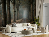 Atmospheric nature wall mural in a dining area with wood decor.