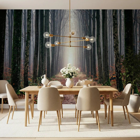 Dining room with Misty Forest Serenity wall mural and foggy woodland trail