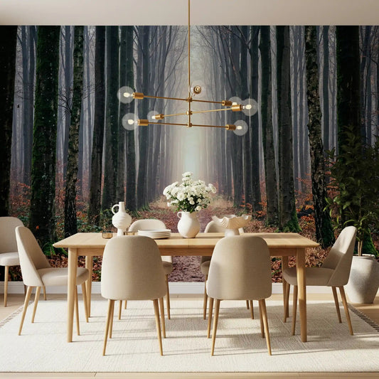 Dining room with Misty Forest Serenity wall mural and foggy woodland trail