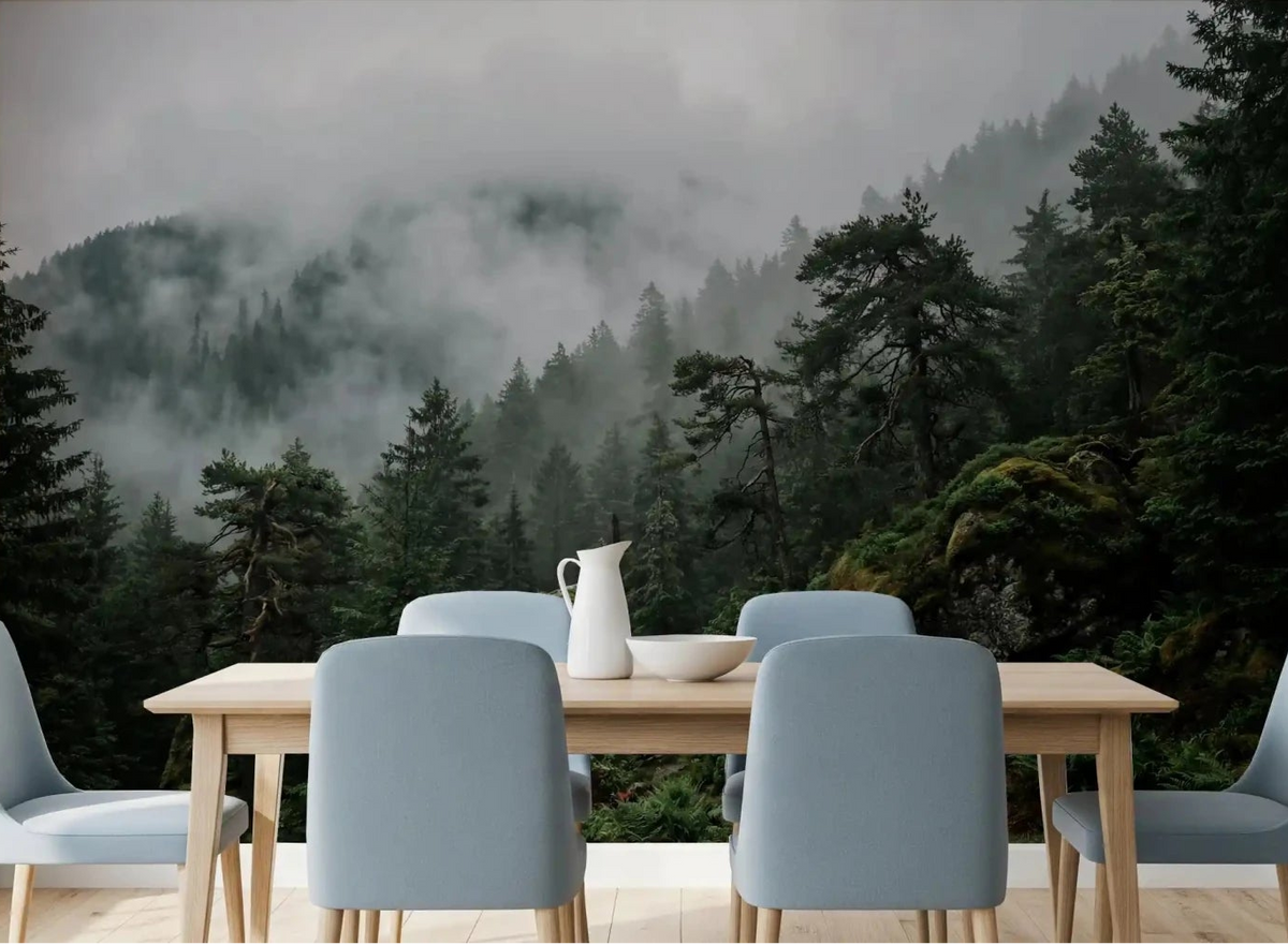A spacious living room featuring the large atmospheric Misty Forest Wall Mural ., GD9100