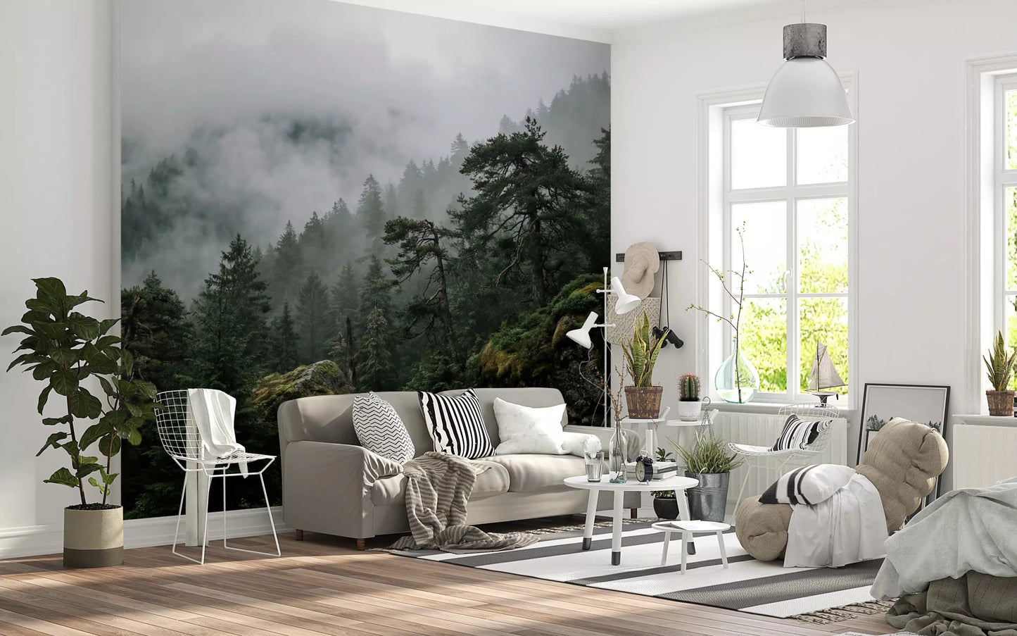 A wide-angle view of a living room space featuring the immersive misty forest mural., GD9100