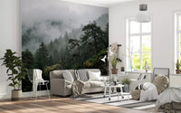 A wide-angle view of a living room space featuring the immersive misty forest mural., GD9100