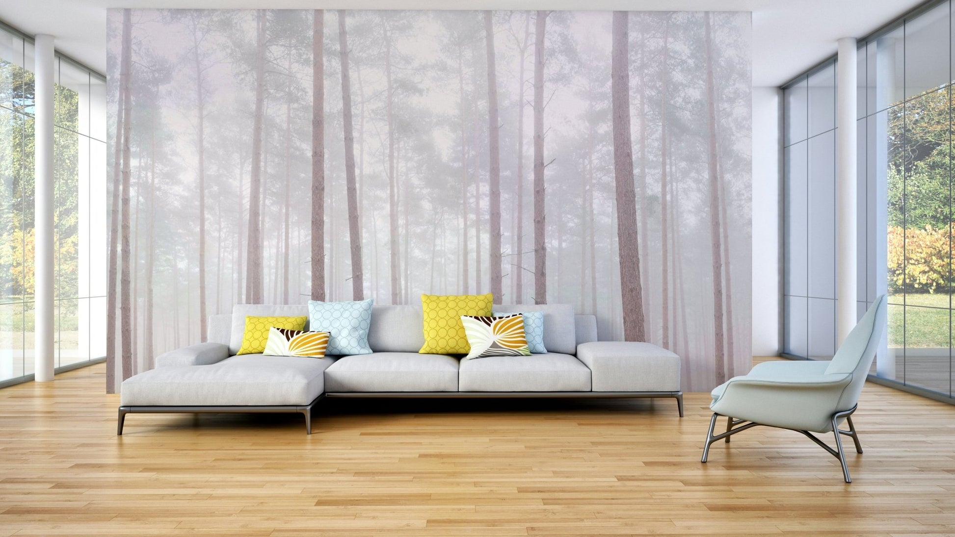 Tall pine trees in mist wall mural

