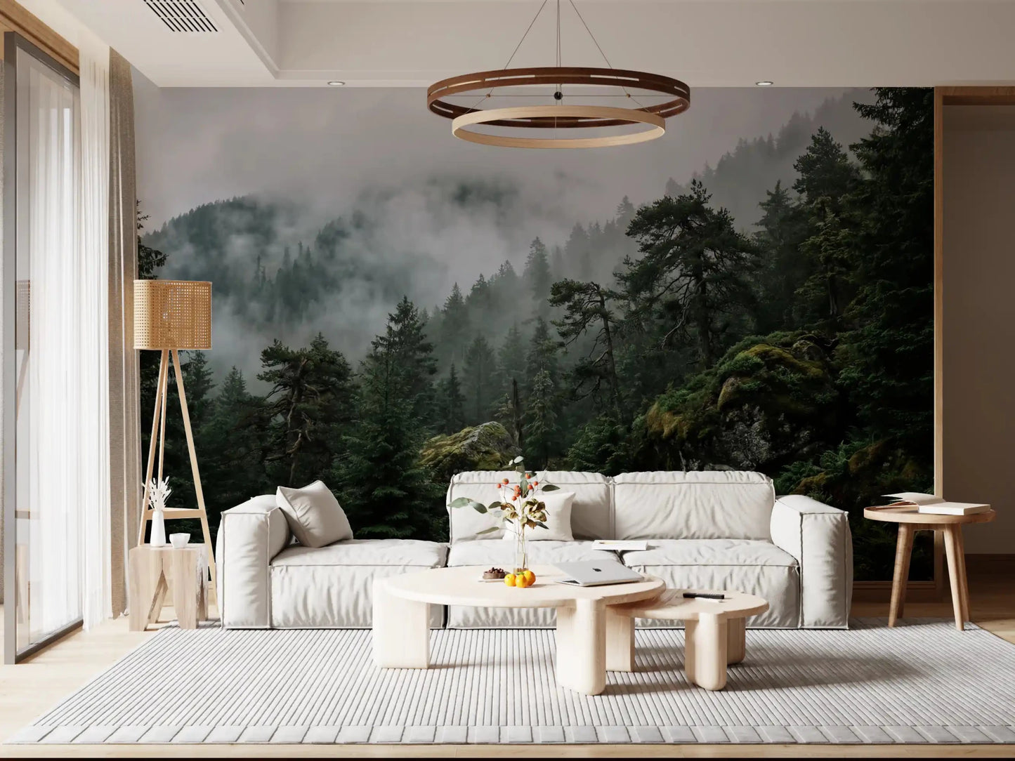 Close perspective in a Living room showing the detail of the nature forest mural., GD9100