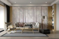 Misty forest wall mural with tall trees

