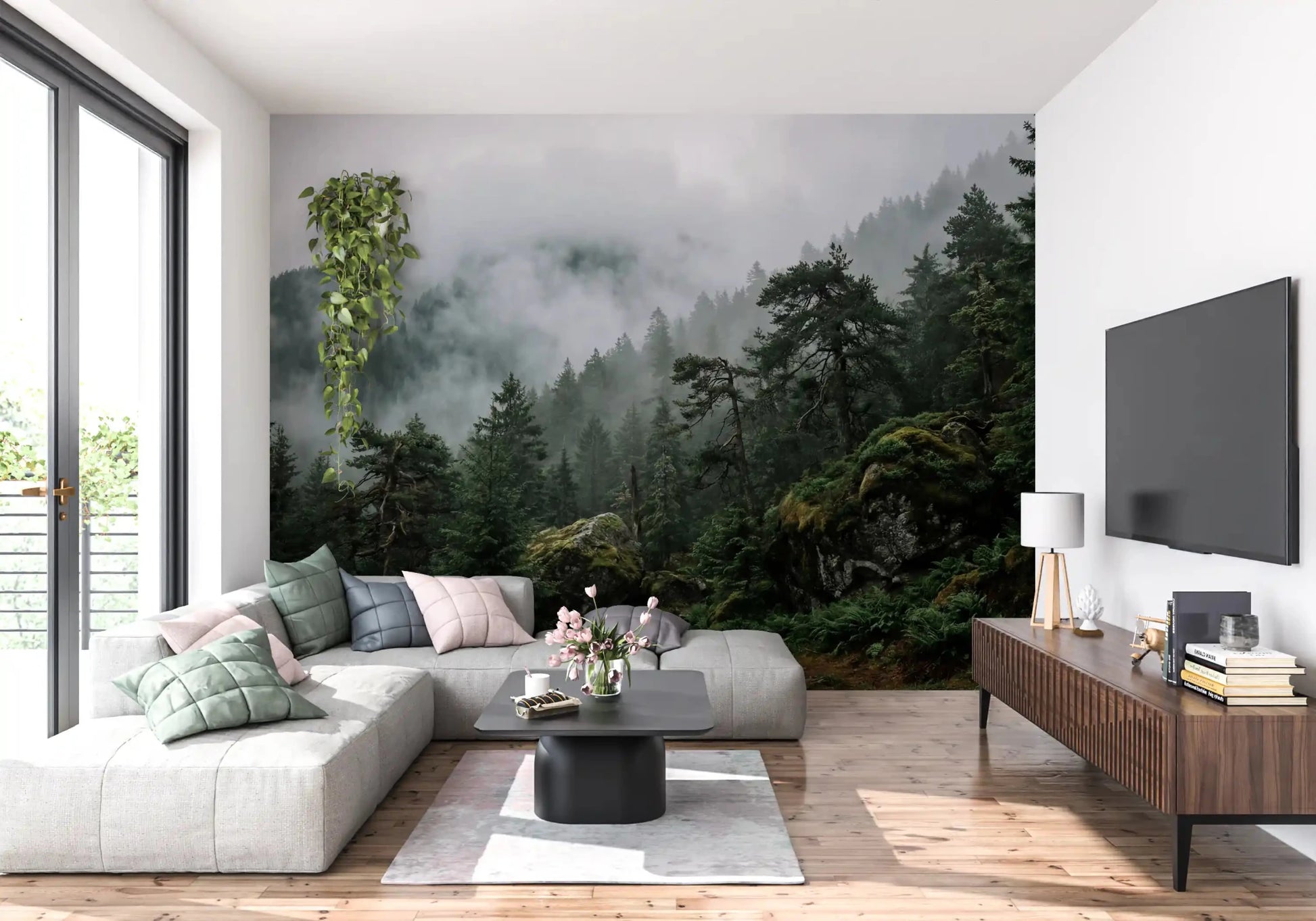 An elegant Living room styled with the foggy woodland wall mural behind the eating area., GD9100