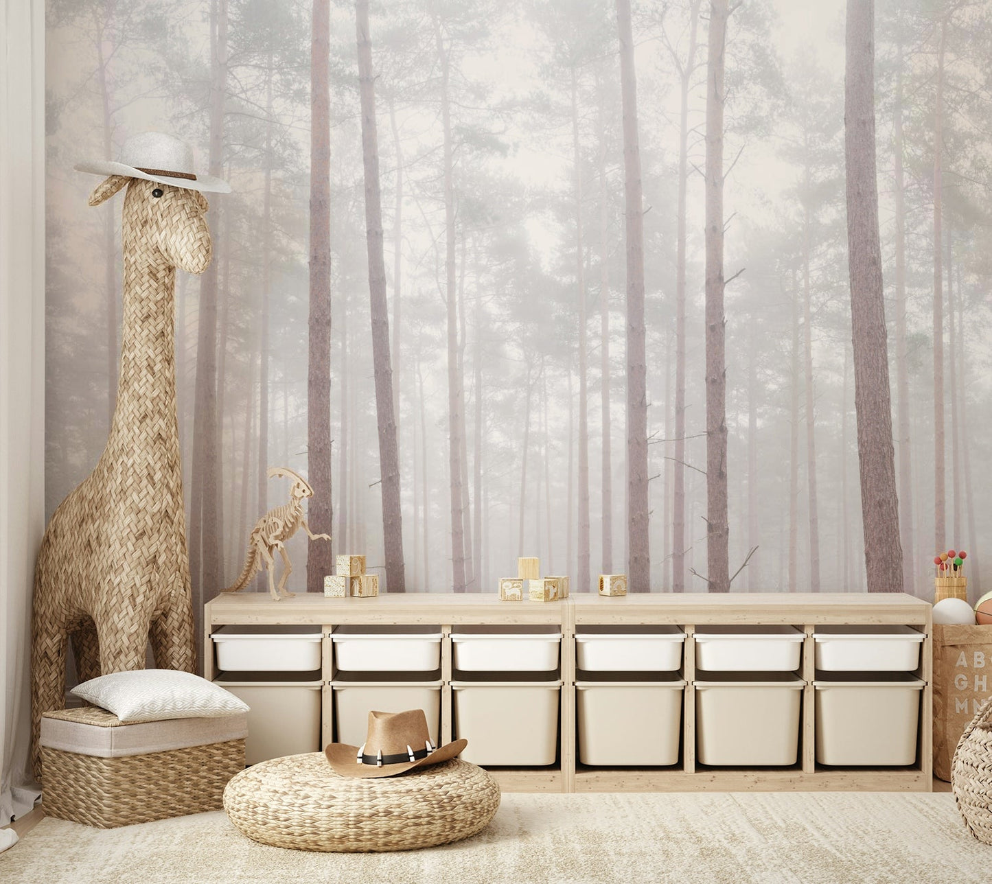 Quiet forest mural in soft mist tones

