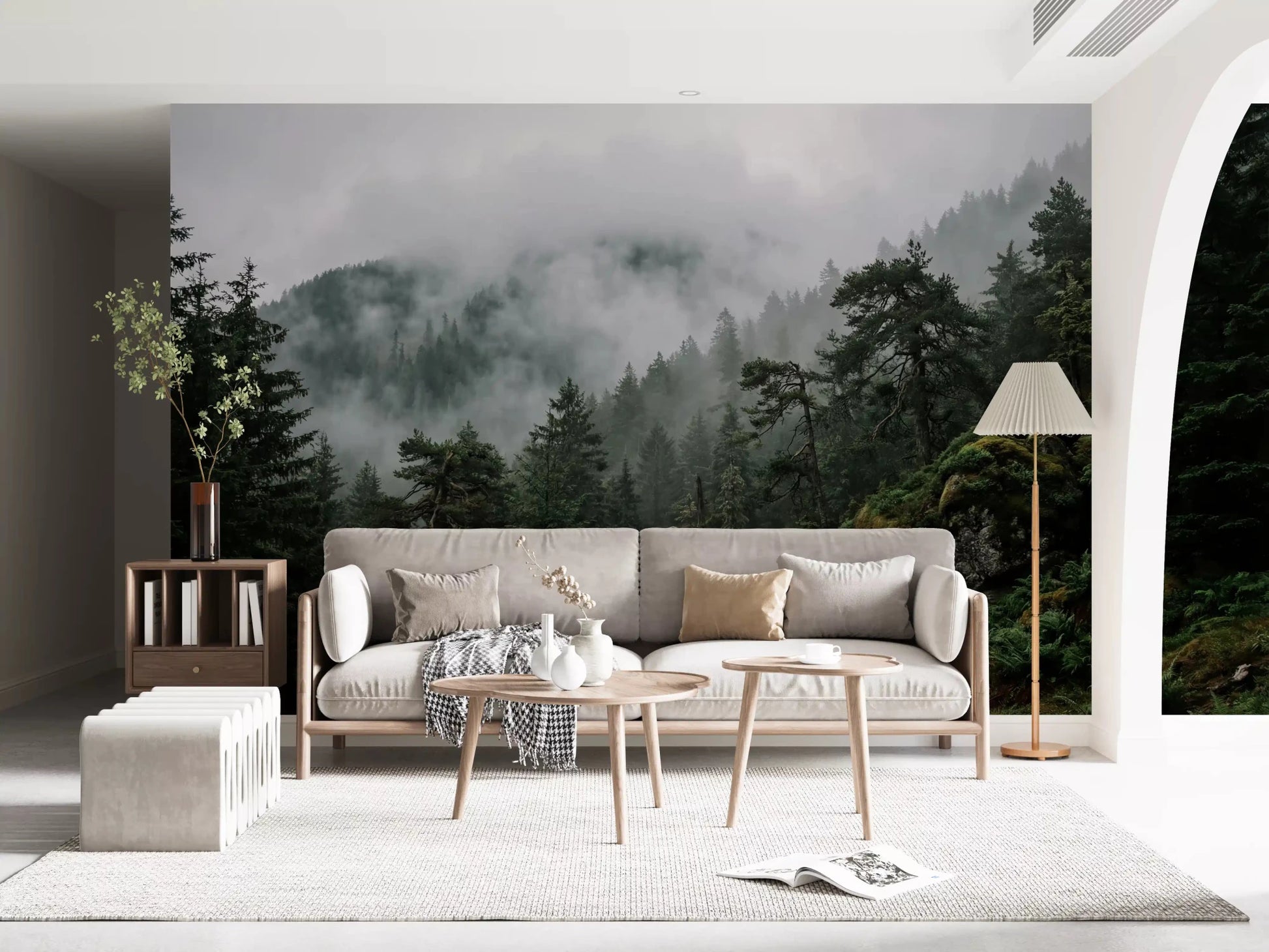 The continuous scene of the foggy woodland wall mural applied across two walls., GD9100