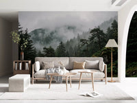 The continuous scene of the foggy woodland wall mural applied across two walls., GD9100