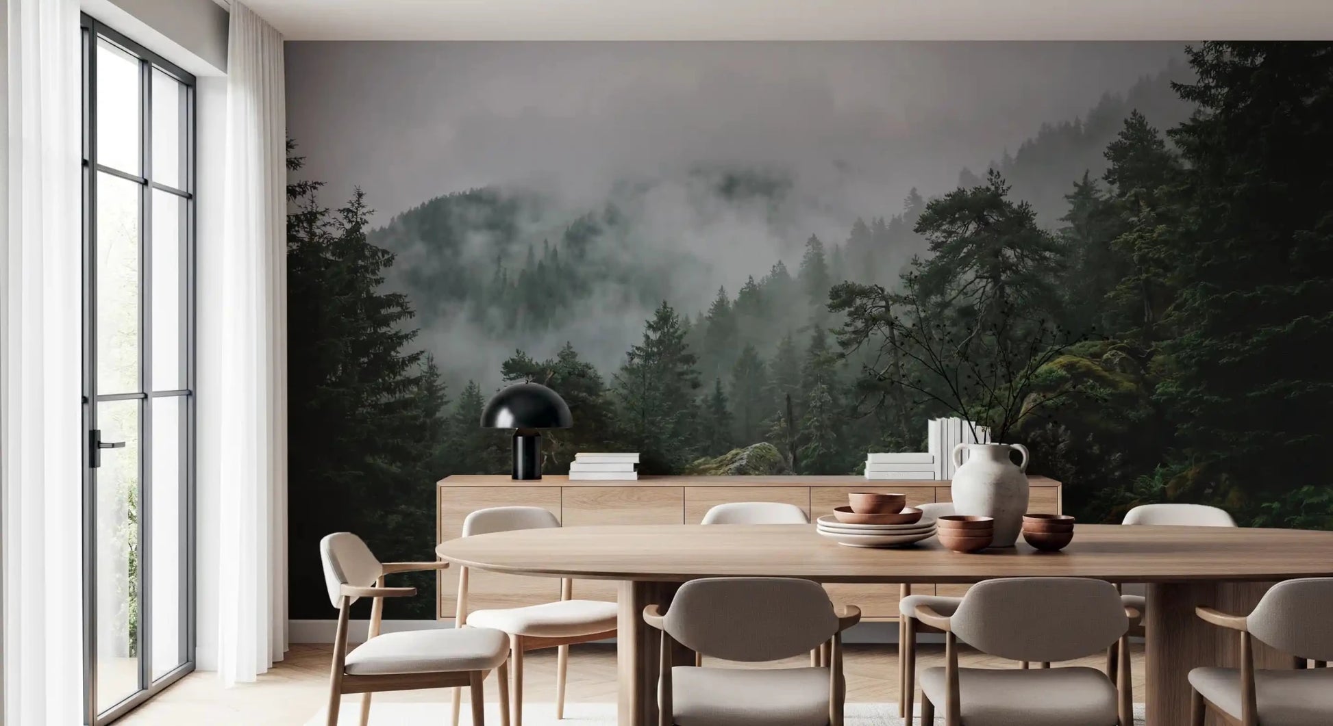 A cozy Dining room atmosphere with the serene Misty Forest Wall Mural as a main backdrop., GD9100