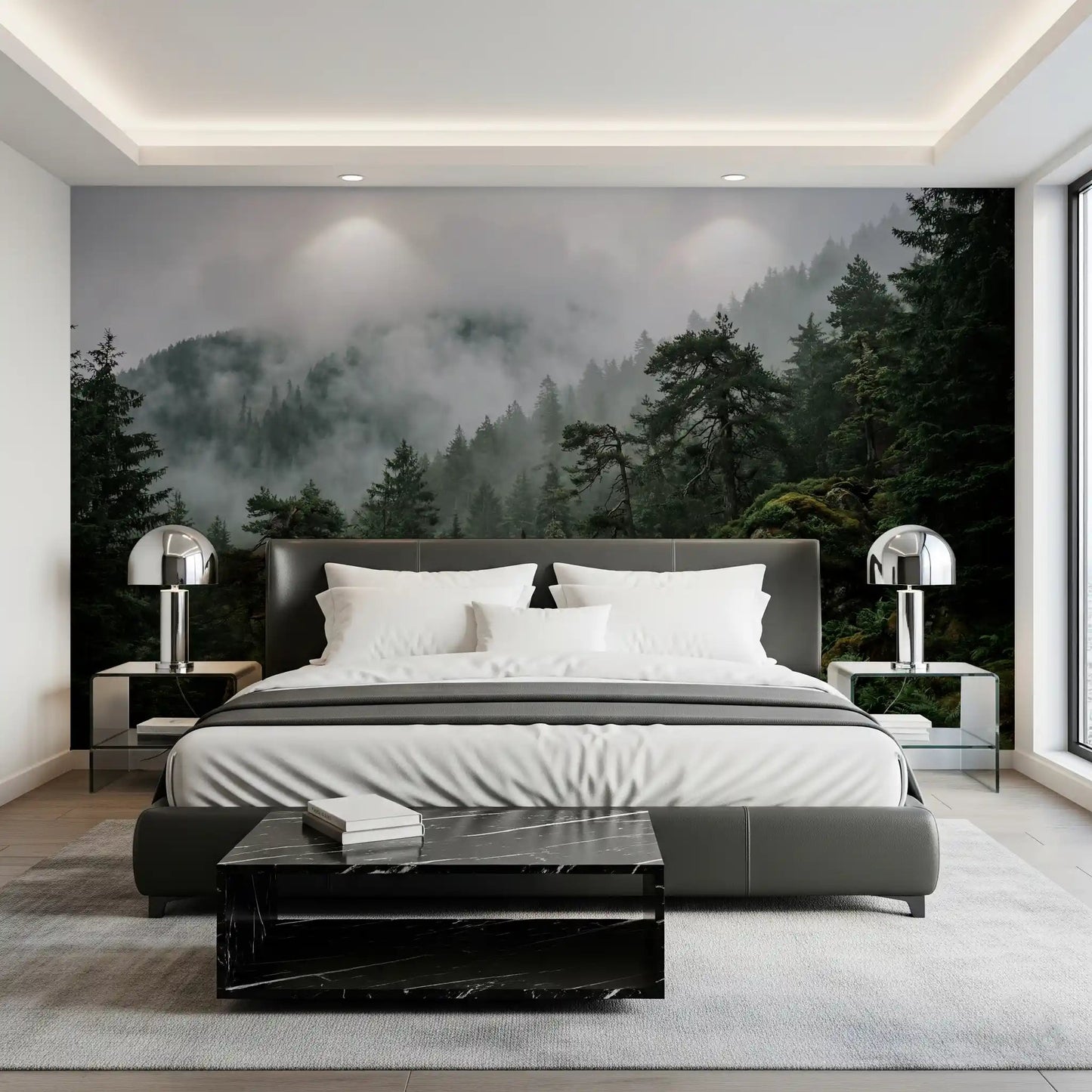 Detailed view of the fog and pine tree textures on the Misty Forest Wall Mural., GD9100