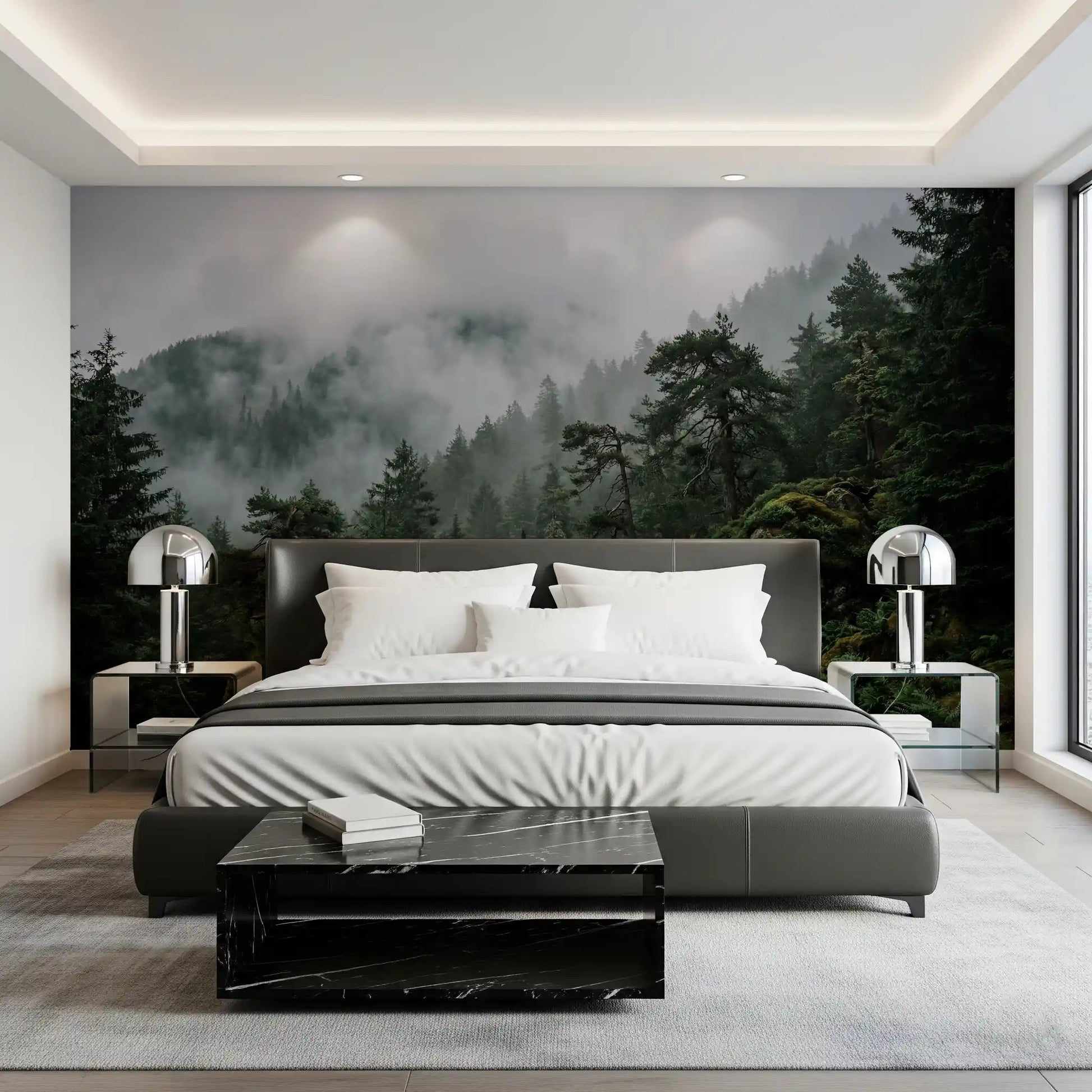 Detailed view of the fog and pine tree textures on the Misty Forest Wall Mural., GD9100