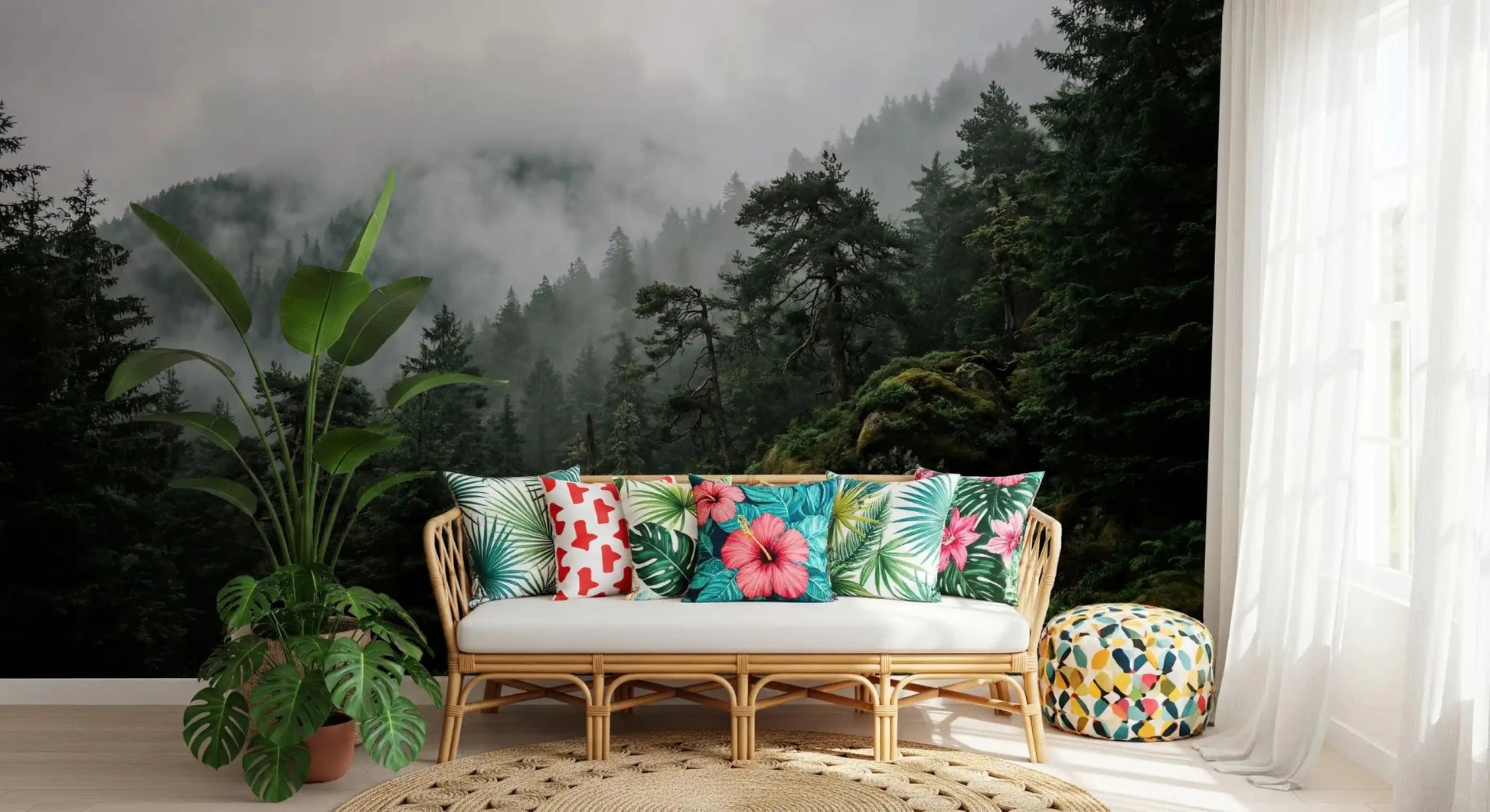 Large scale misty trees wallpaper mural applied to a dramatic Hallway., GD9100