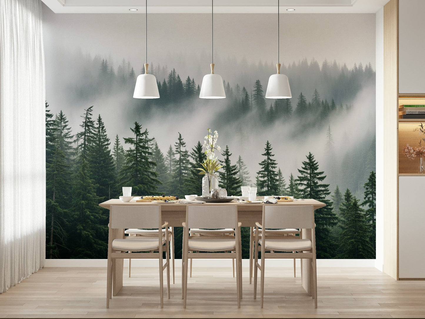 Nature inspired wall mural featuring blurred tree lines and soft fog.