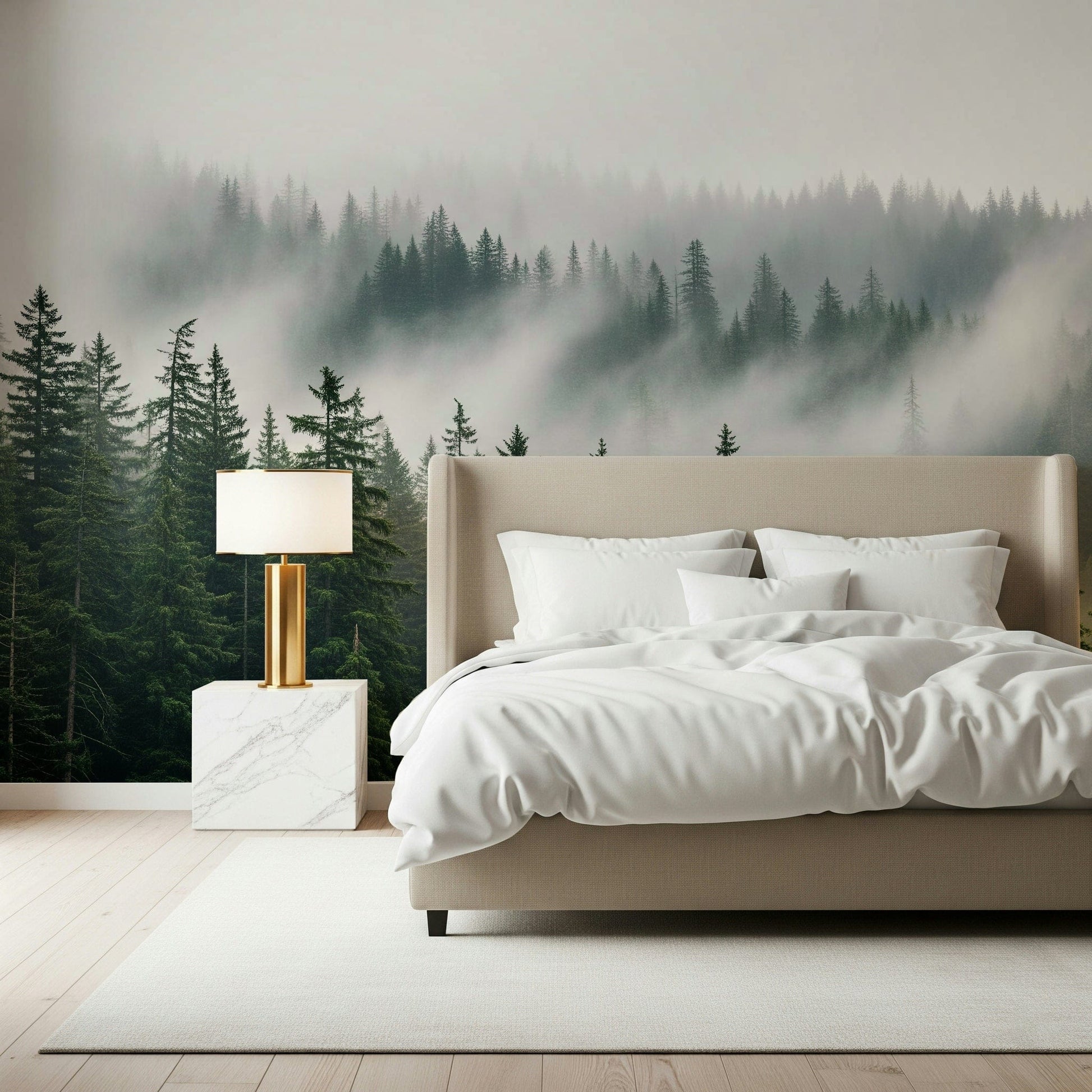 Hand-painted style forest wallpaper with soft green and charcoal layers.