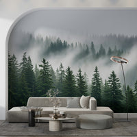 Atmospheric woodland haze wall mural with a foggy grey landscape.