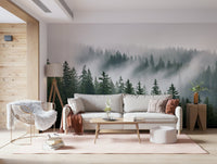 Detailed forest wall mural with layered silhouettes and misty depth.