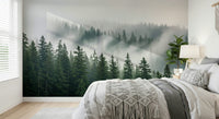 Woodland haze wall mural depicting a serene and foggy morning forest.