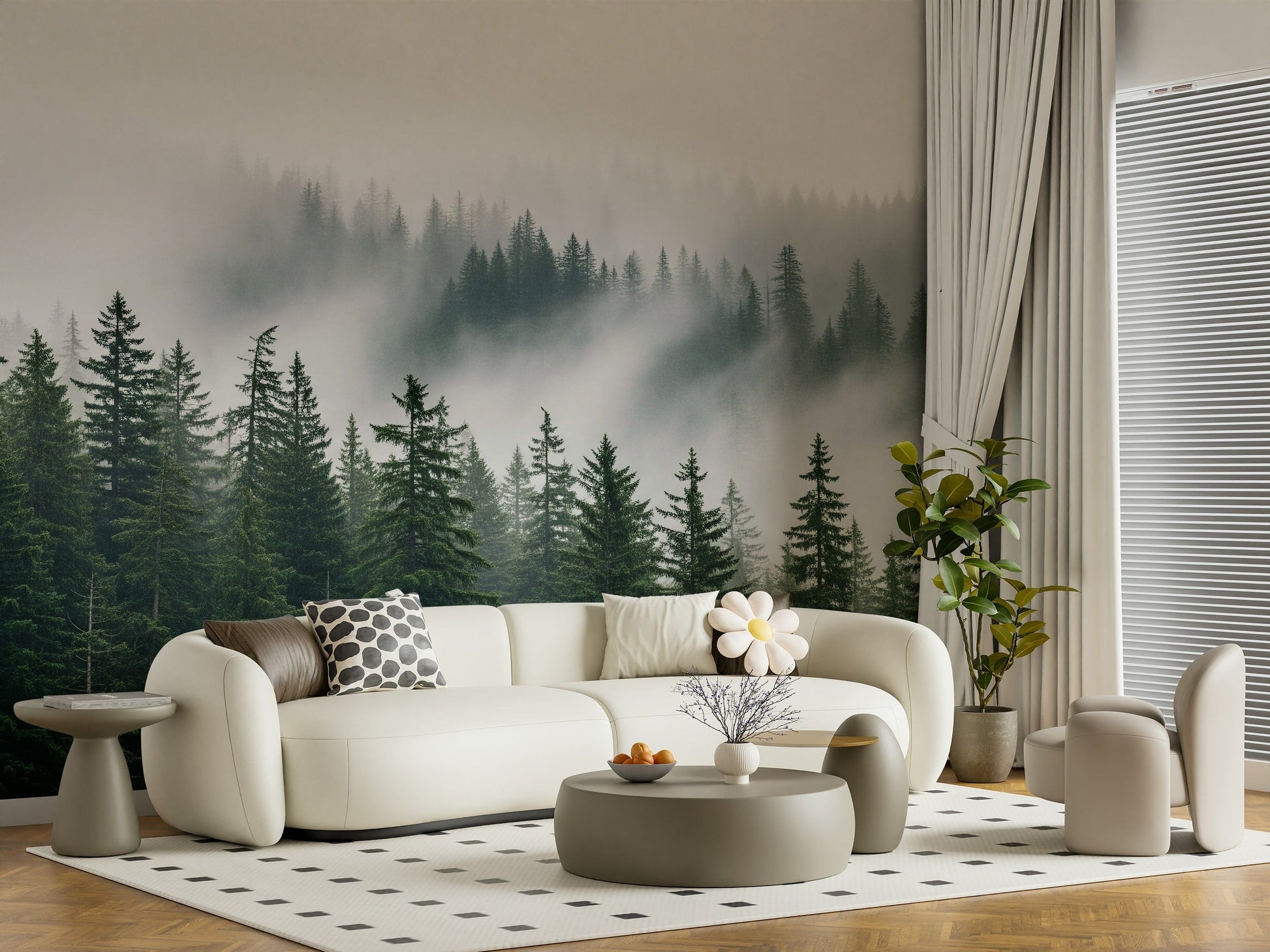 Dark grey woodland haze wall mural for a moody nature-inspired look.