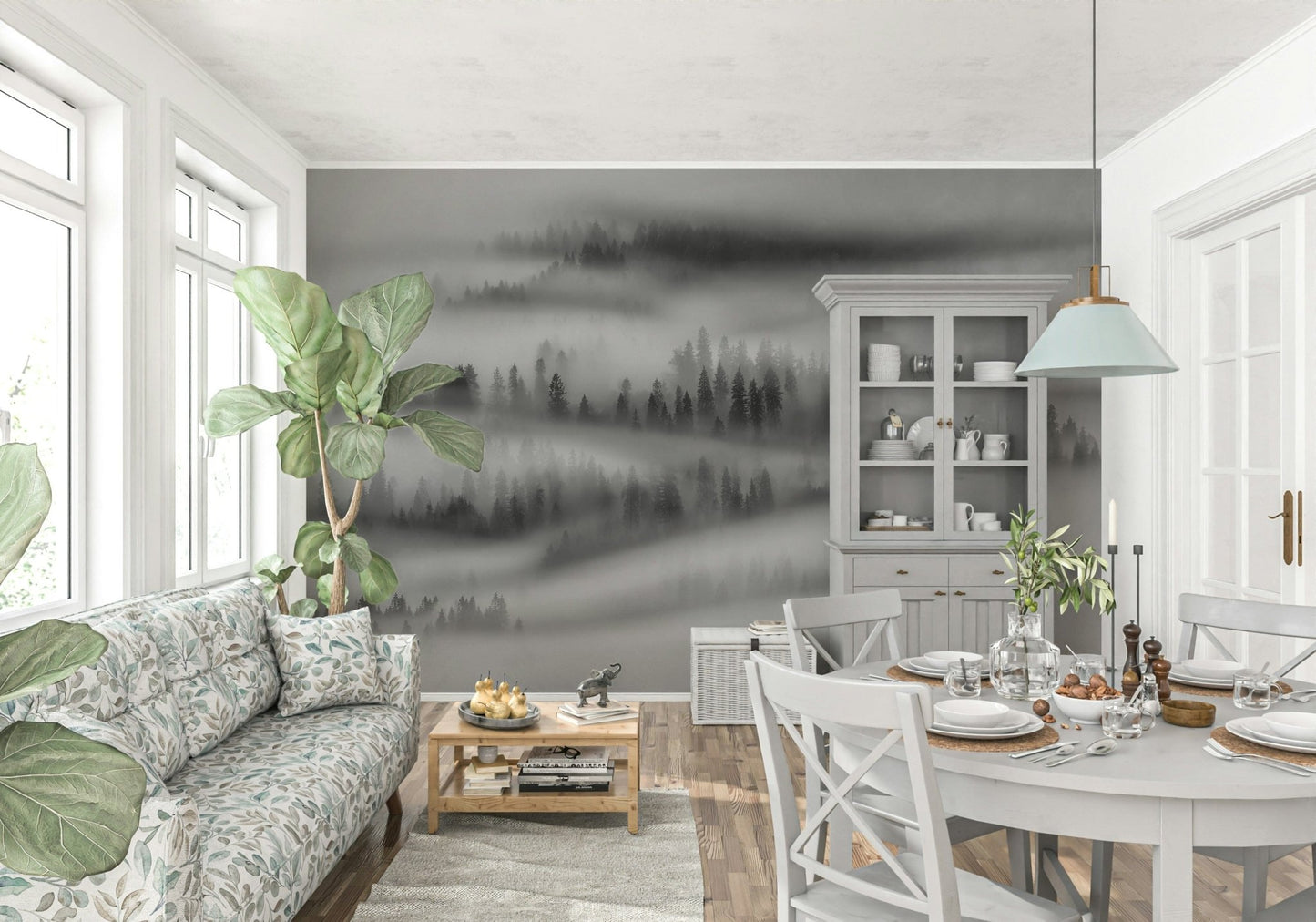 Immersive Woodland wallpaper, captivating misty tree lines.