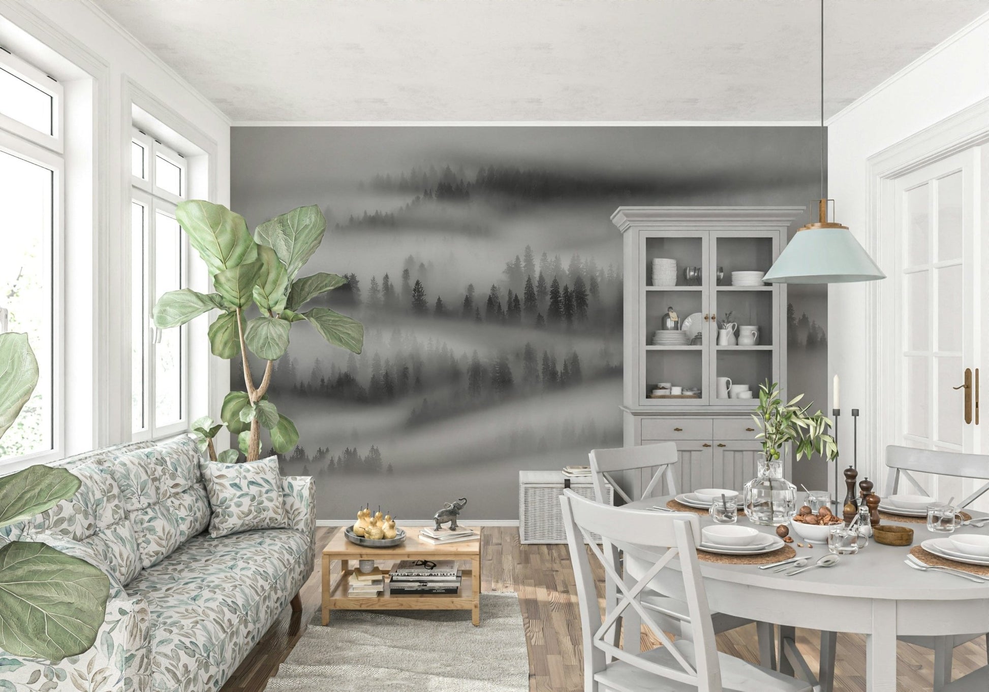 Immersive Woodland wallpaper, captivating misty tree lines.