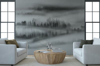 Abstract Woodland scene wallpaper, soft layers of gray.