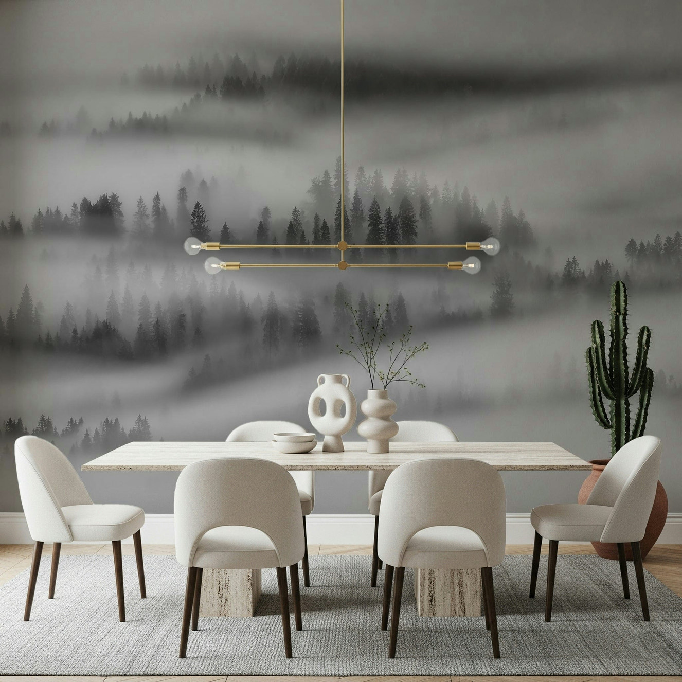 Misty Forest landscape mural, ethereal trees in fog.