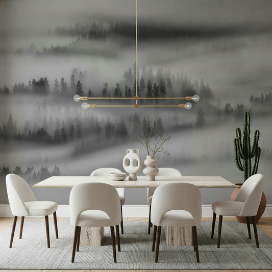Misty Forest landscape mural, ethereal trees in fog.