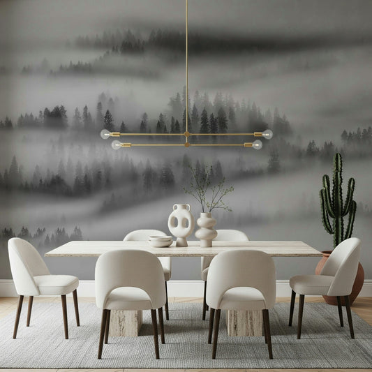 Misty Forest landscape mural, ethereal trees in fog.