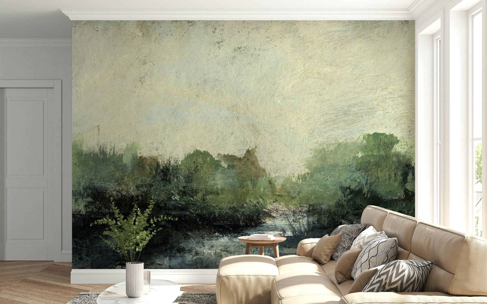 A beautiful misty glen wallpaper mural of a serene woodland., GD5674