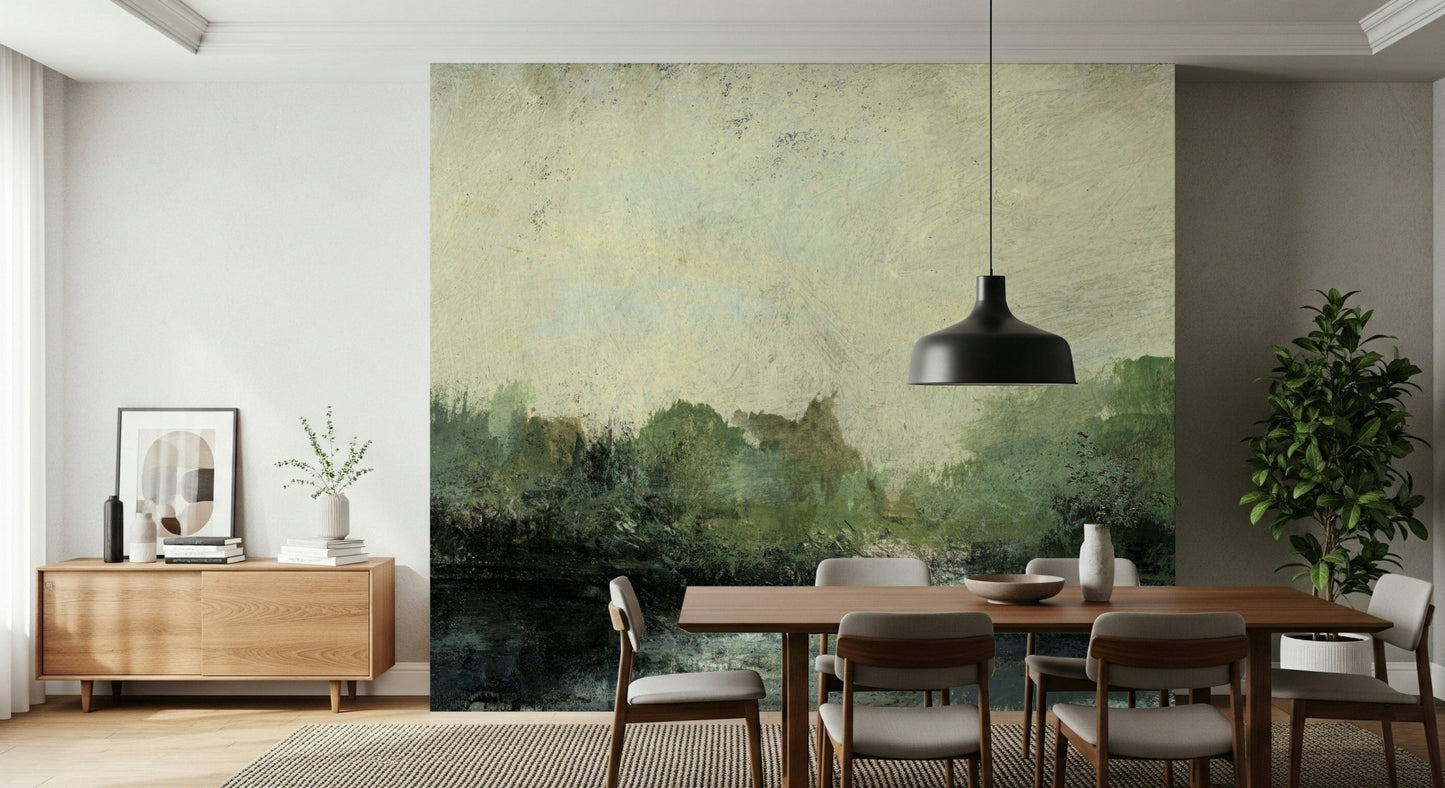 A peaceful open country mural on decorative wallpaper.