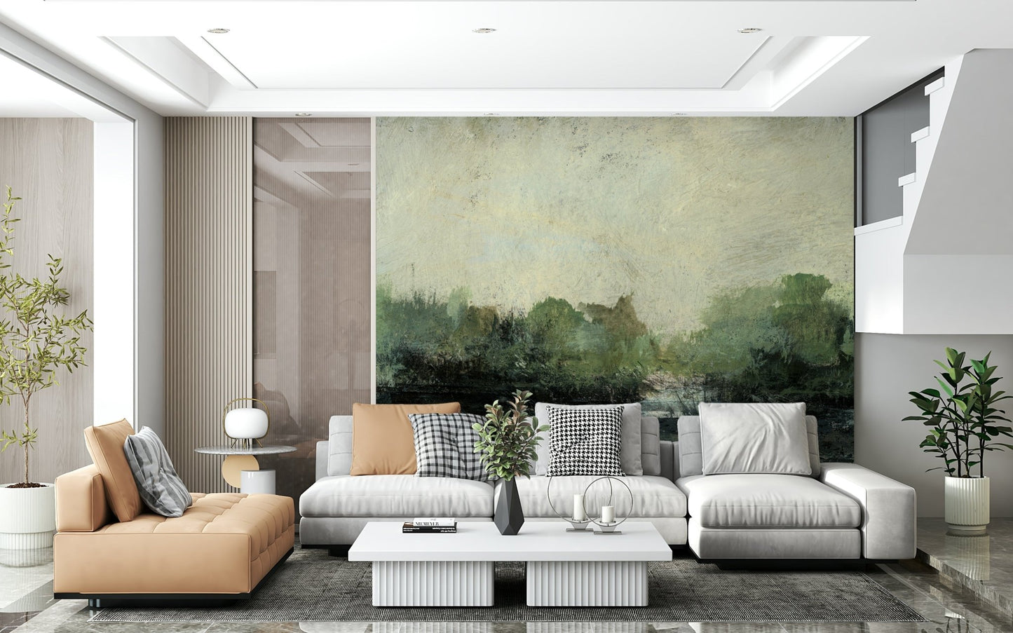 A graceful subtle pattern wall mural in cool, natural tones.