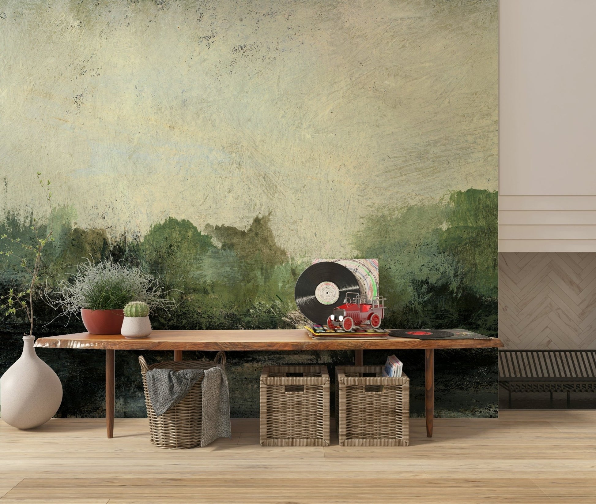 A beautiful wide-angle wall mural of a dreamy landscape.