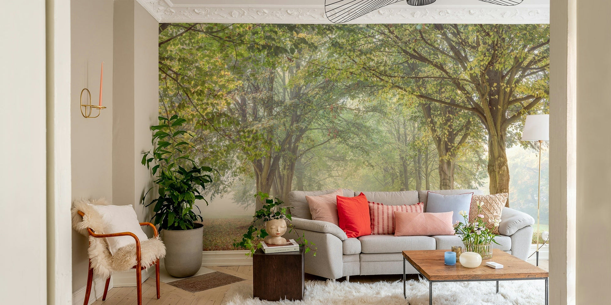 The ground is covered in leaves or moss.

