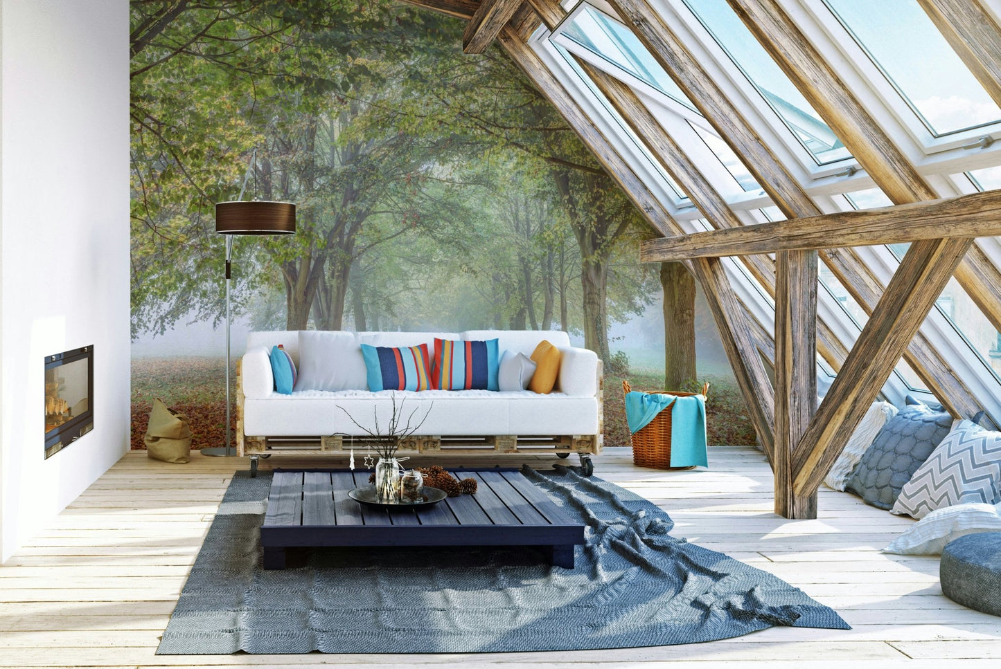 A peaceful wall mural with a misty forest scene.

