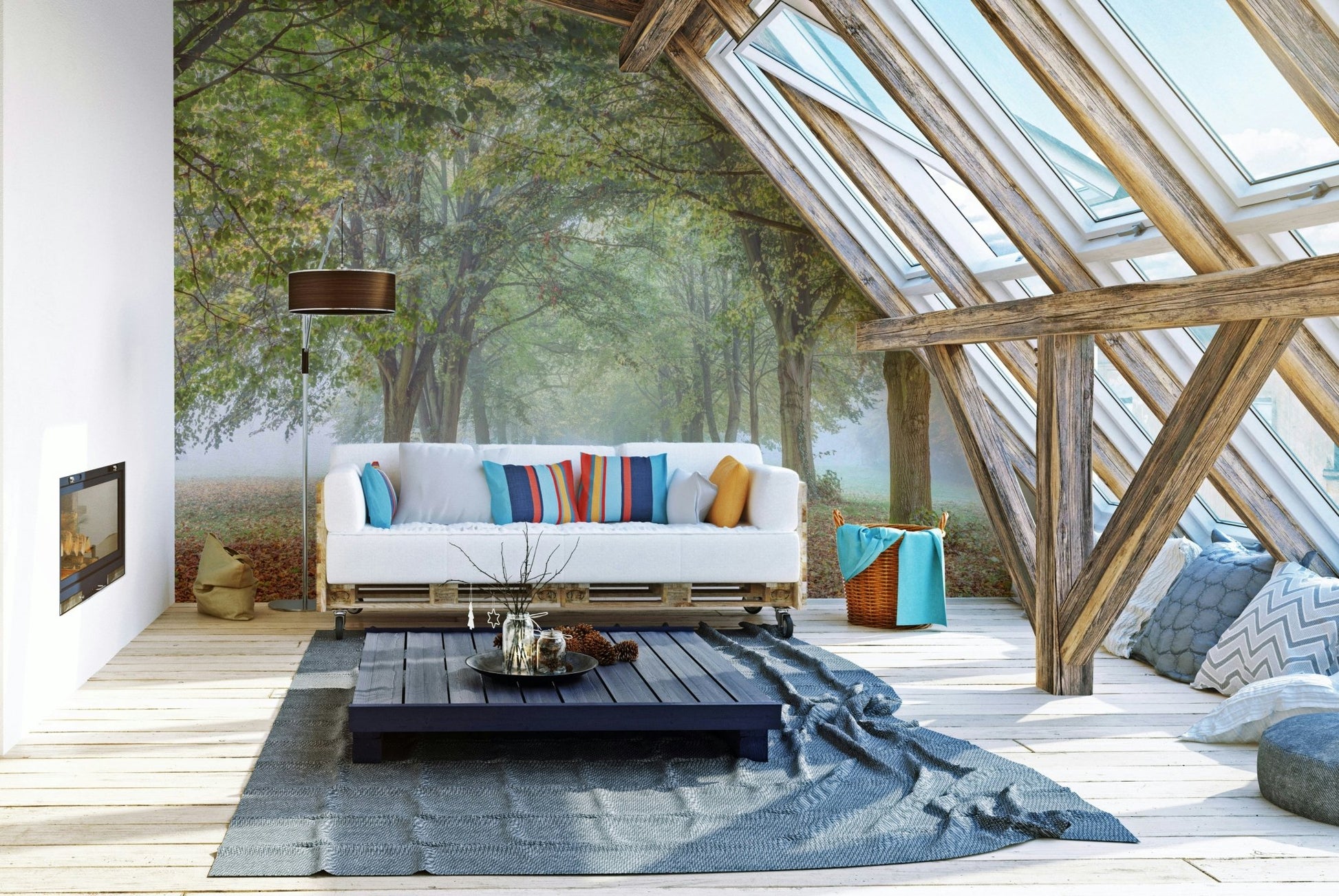 A peaceful wall mural with a misty forest scene.

