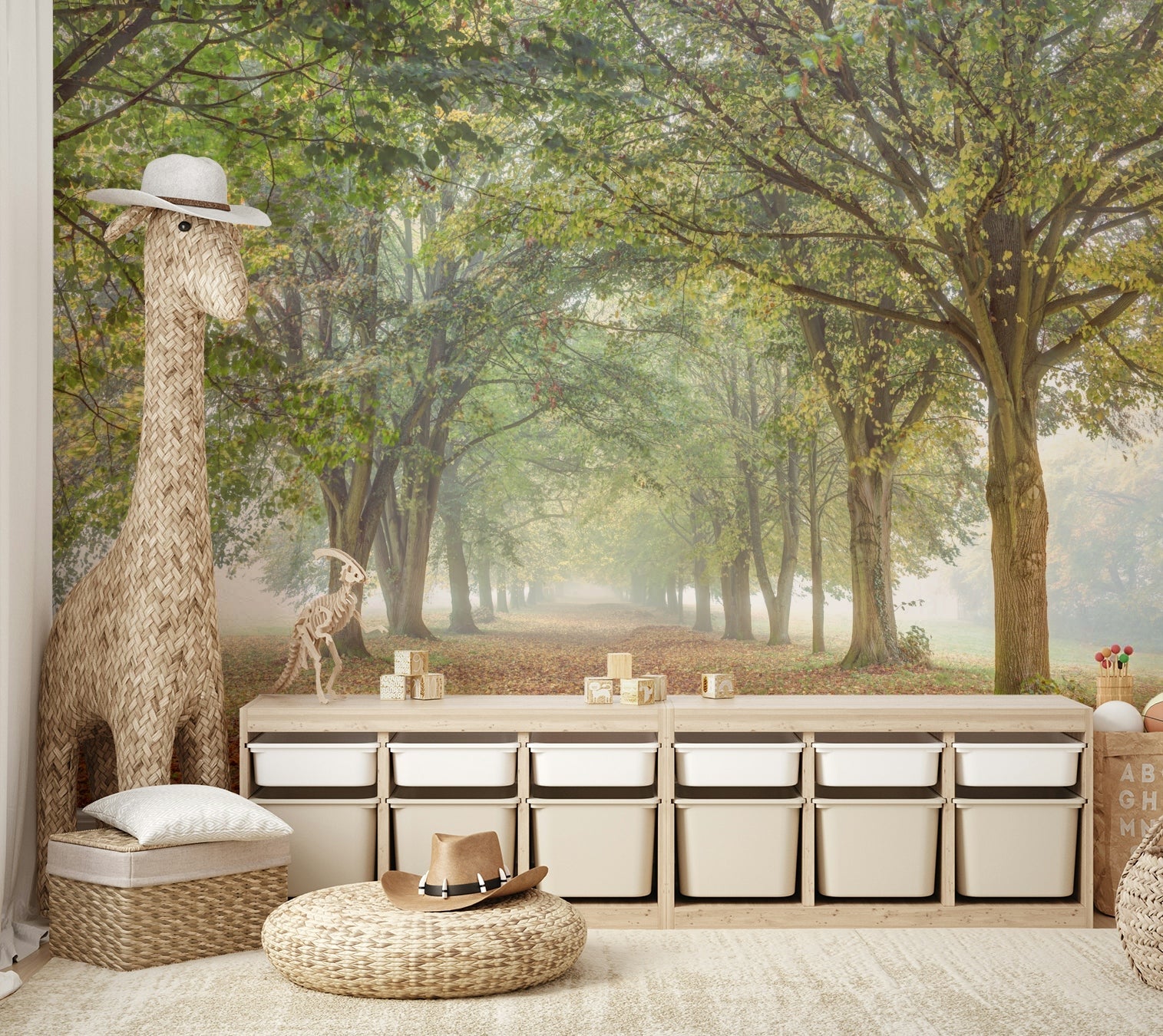 The trees are tall and their forms are softened by the mist.

