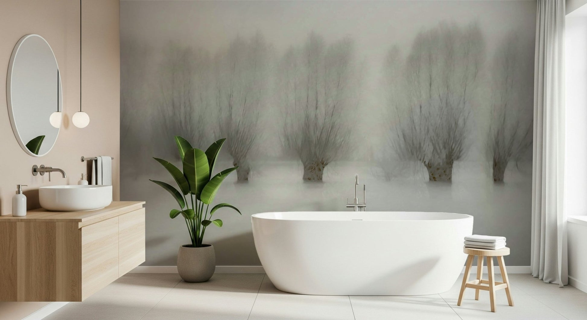 A graceful subtle light wall mural in cool, natural tones.