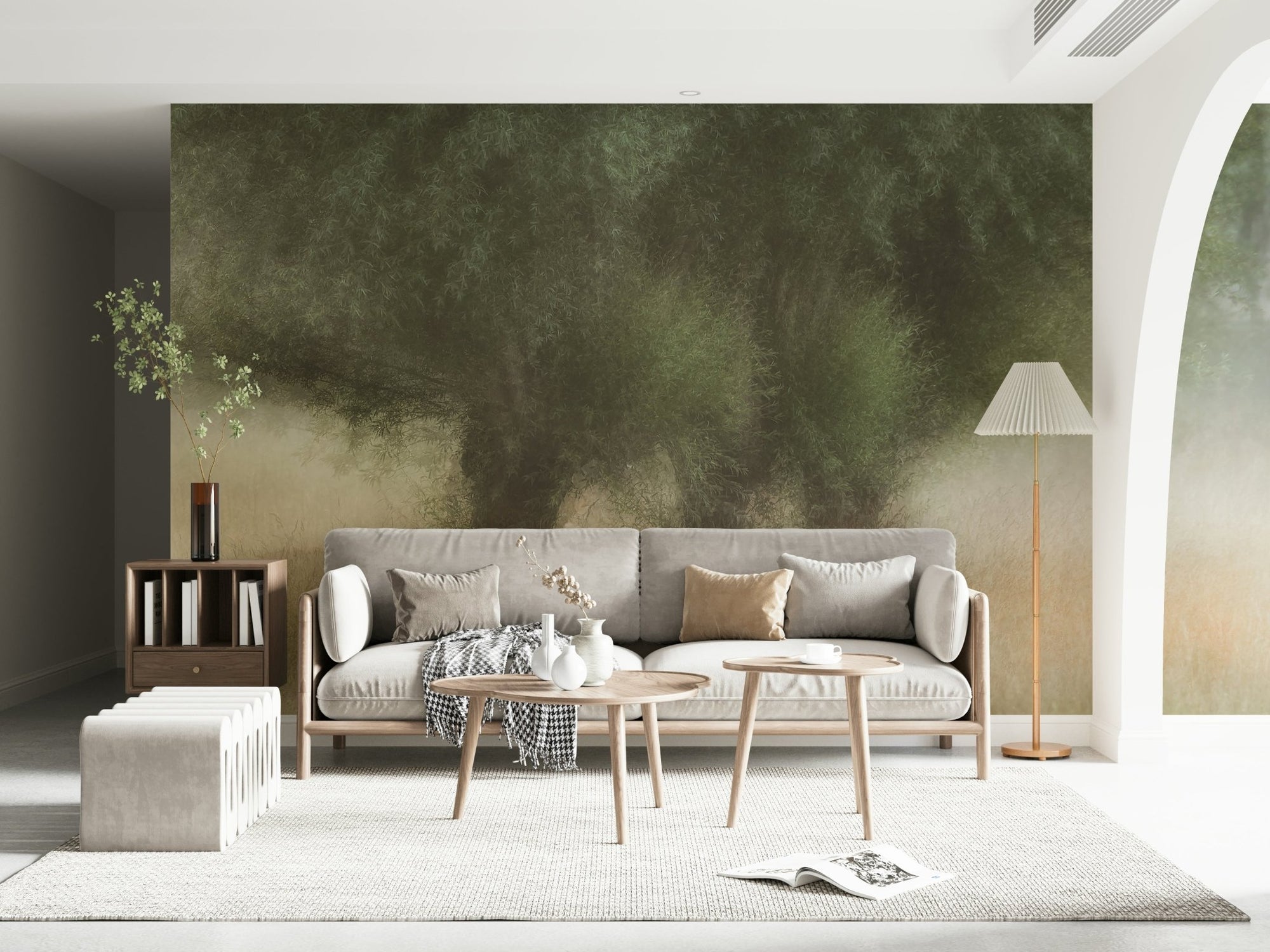 A beautiful serene forest wallpaper mural with subtle mist., GD5572