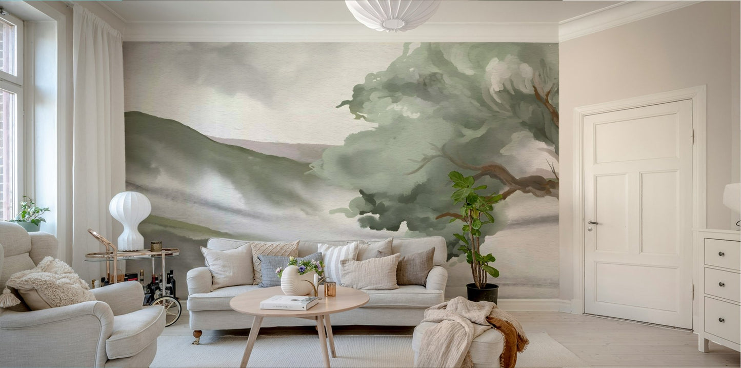 A beautiful wide-angle wall mural of the hills.

