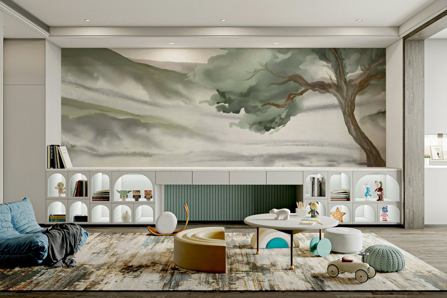 A graceful subtle landscape wall mural in cool, natural tones.

