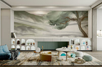 A graceful subtle landscape wall mural in cool, natural tones.


