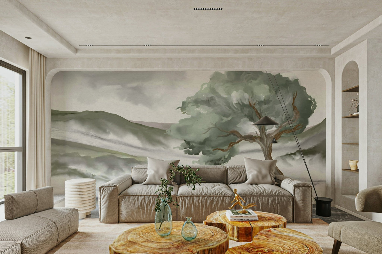 A beautiful serene hill wallpaper mural with soft mist.

