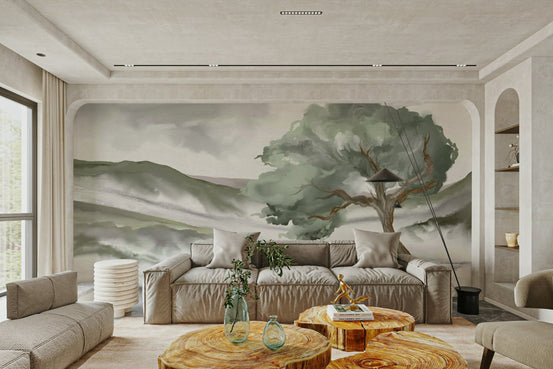 A beautiful serene hill wallpaper mural with soft mist., GD4684