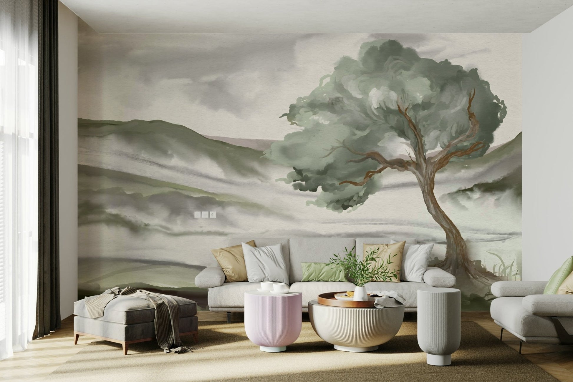 A peaceful rolling hills mural on decorative wallpaper.

