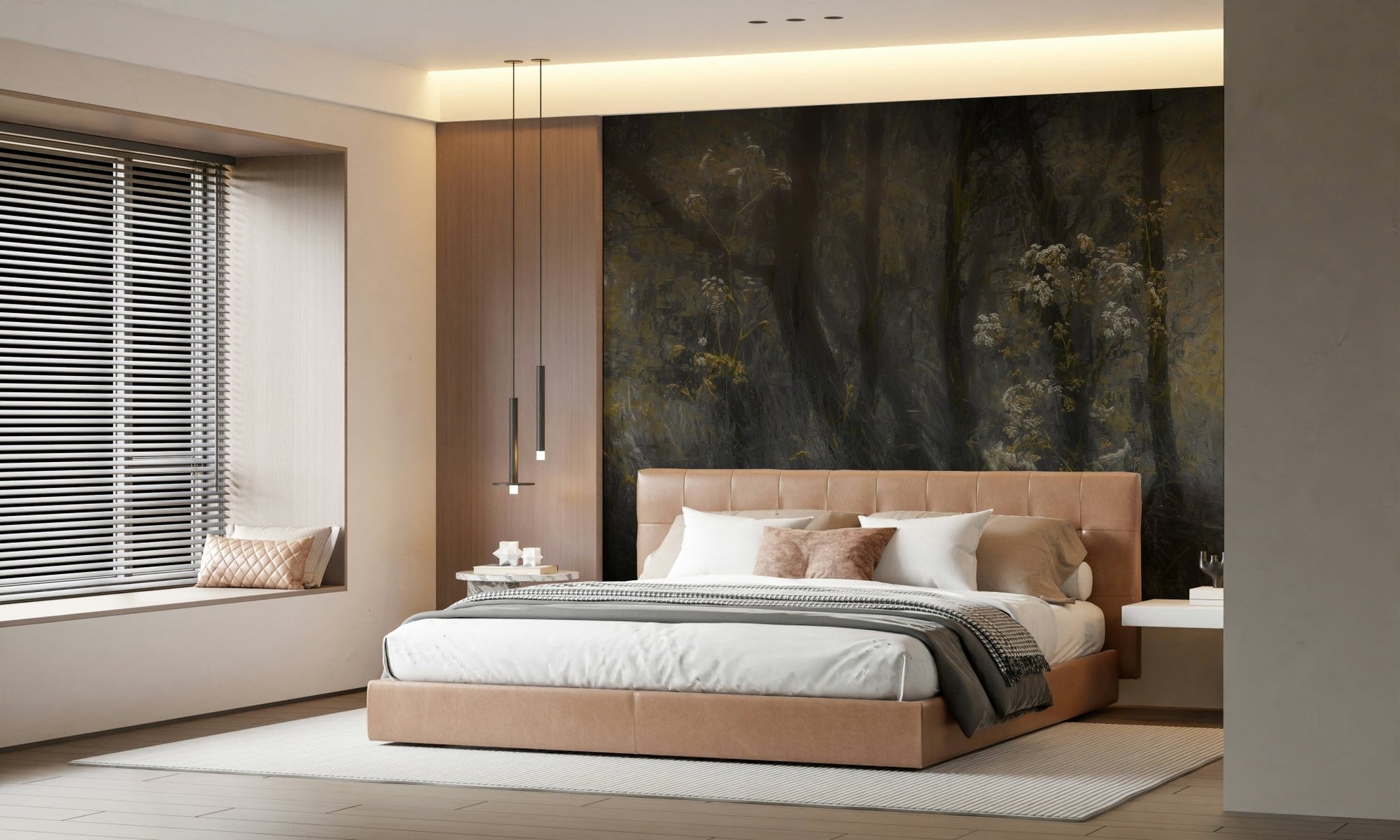 A beautiful misty hollow wallpaper mural of a dark, ethereal forest., GD5607