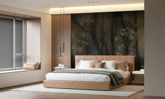 A beautiful misty hollow wallpaper mural of a dark, ethereal forest., GD5607