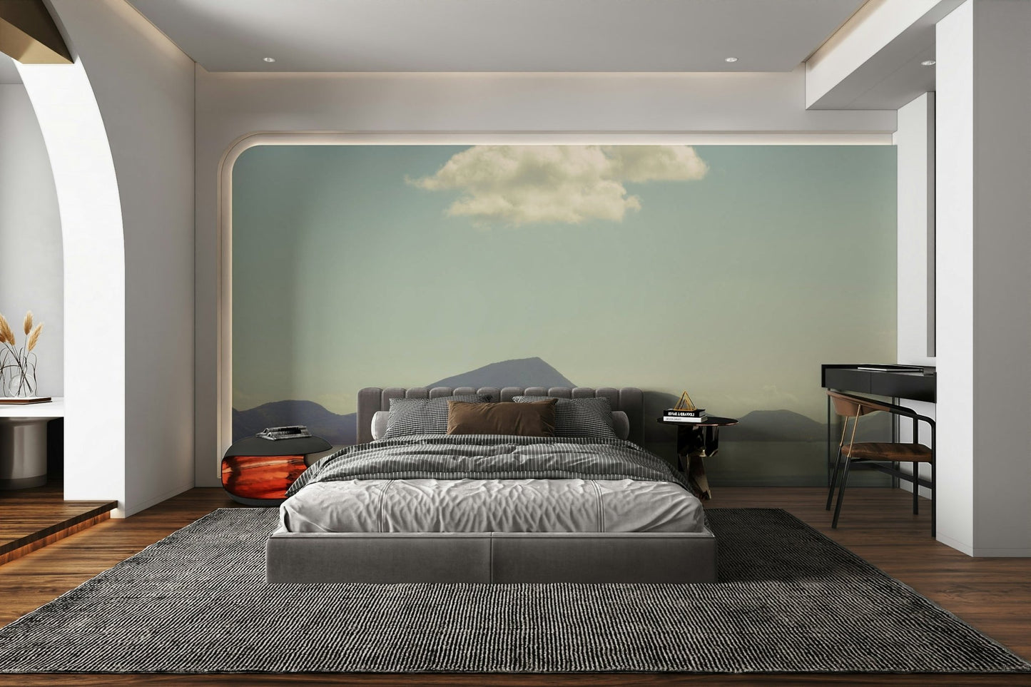 Misty Isle Wall Mural with fog-covered island and serene waters

