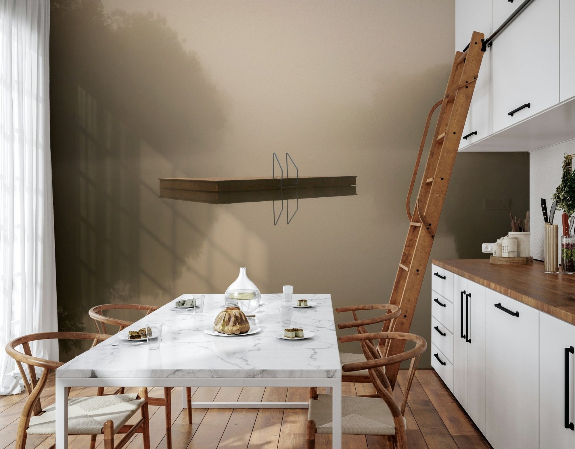 A beautiful misty lake wallpaper mural with a peaceful, soft focus., GD5819