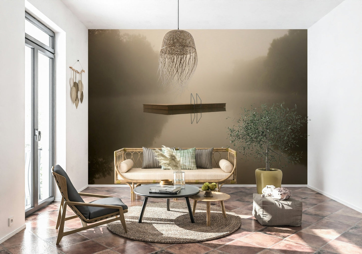 A beautiful wide-angle wall mural of a serene landscape.